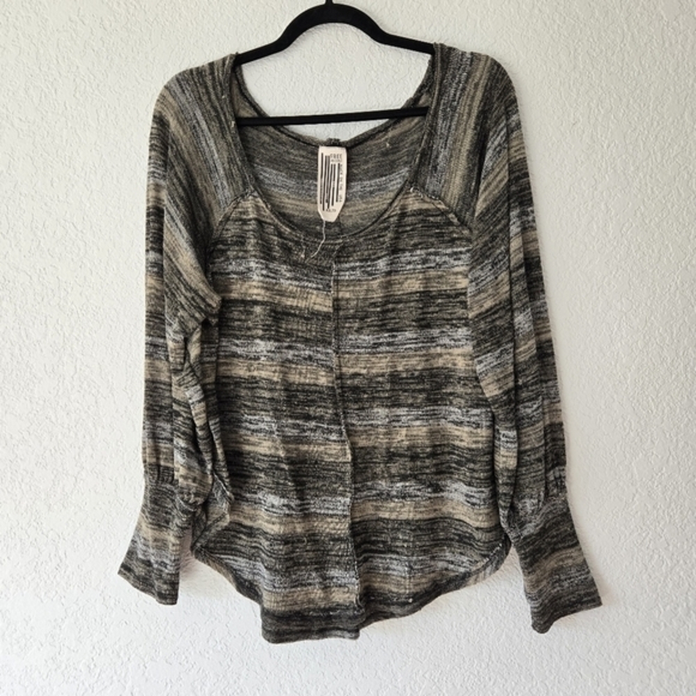 Free People‎ XS Green and Brown Striped Knit Blouse